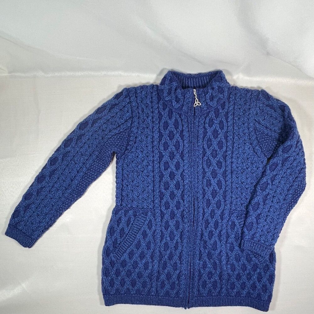 Aran Crafts Women's Sweater Sz M Blue Merino Wool Cable Knit Cozy Cabin Core